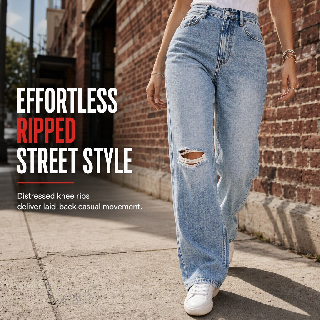 Women's High Waisted Ripped Wide Leg Denim Jeans Distressed Straight Pants