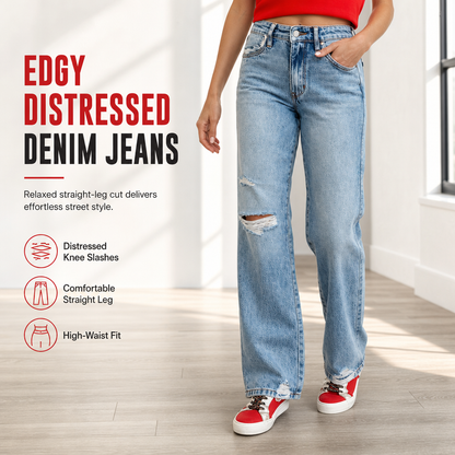Women's High Waisted Ripped Wide Leg Denim Jeans Distressed Straight Pants