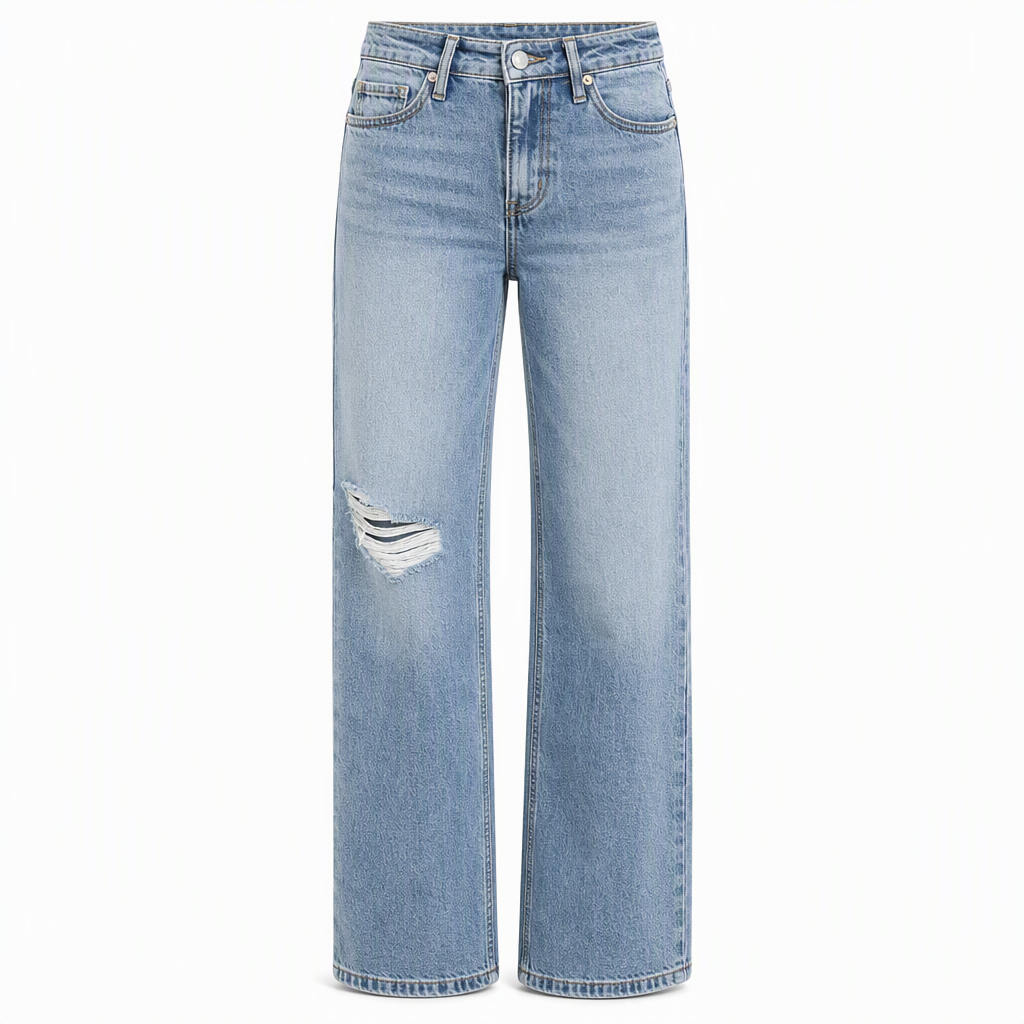 Women's High Waisted Ripped Wide Leg Denim Jeans Distressed Straight Pants