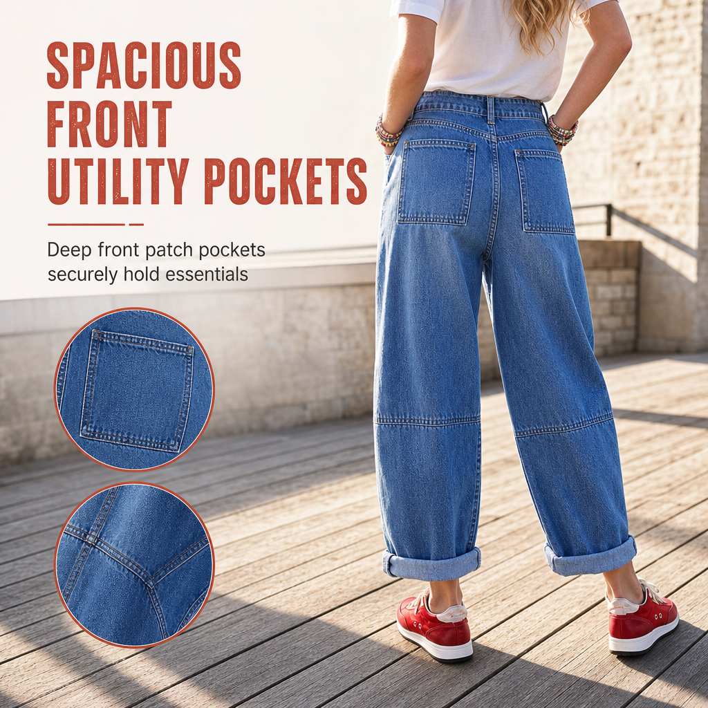 Women's Plus Size Stretch Jeans Mid Rise Cropped Barrel Leg Denim Pants with Cuffed Hem and Stitched Patch Pockets