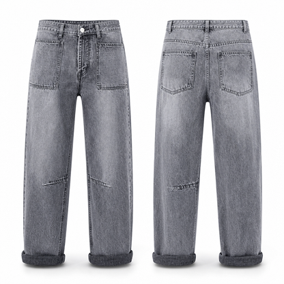 Women's Plus Size Stretch Jeans Mid Rise Cropped Barrel Leg Denim Pants with Cuffed Hem and Stitched Patch Pockets