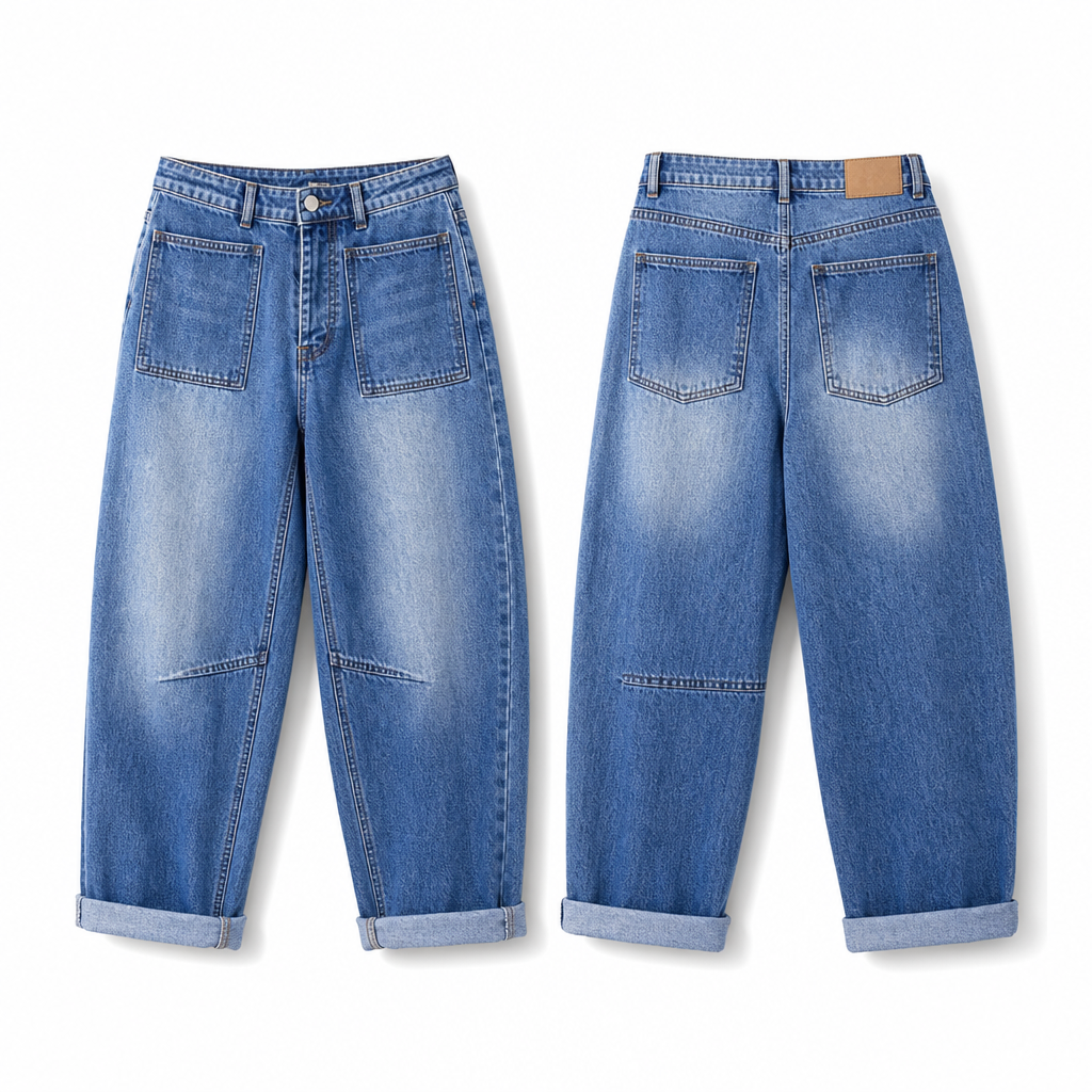 Women's Plus Size Stretch Jeans Mid Rise Cropped Barrel Leg Denim Pants with Cuffed Hem and Stitched Patch Pockets