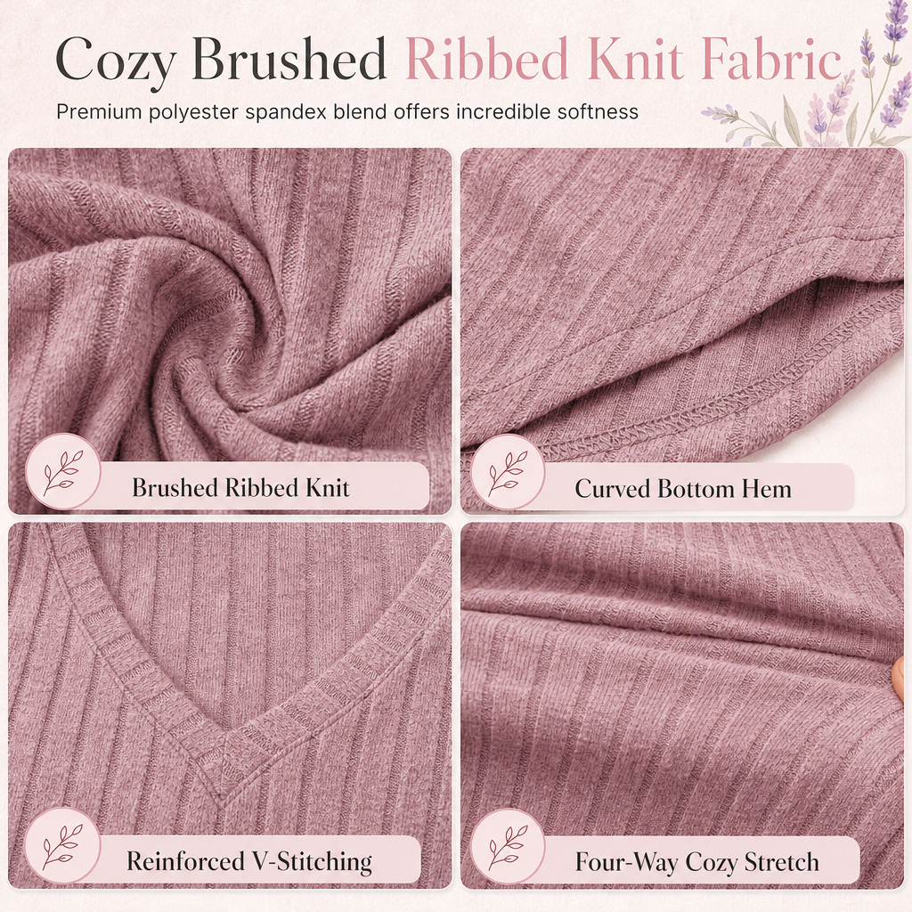 Women's Plus Size V Neck Long Sleeve Ribbed Brushed T-Shirt Loose Fit Solid Color Pullover Top