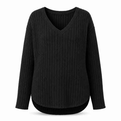 Women's Plus Size V Neck Long Sleeve Ribbed Brushed T-Shirt Loose Fit Solid Color Pullover Top