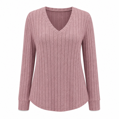 Women's Plus Size V Neck Long Sleeve Ribbed Brushed T-Shirt Loose Fit Solid Color Pullover Top