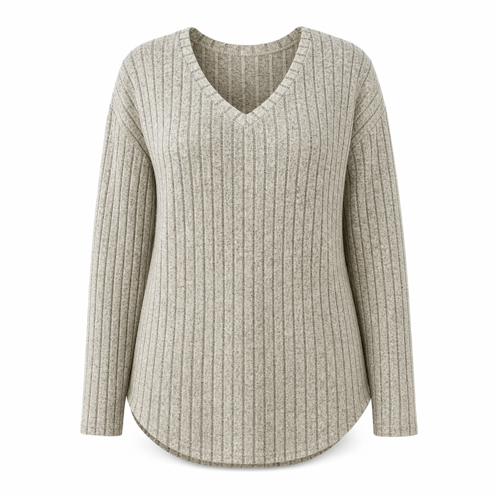 Women's Plus Size V Neck Long Sleeve Ribbed Brushed T-Shirt Loose Fit Solid Color Pullover Top