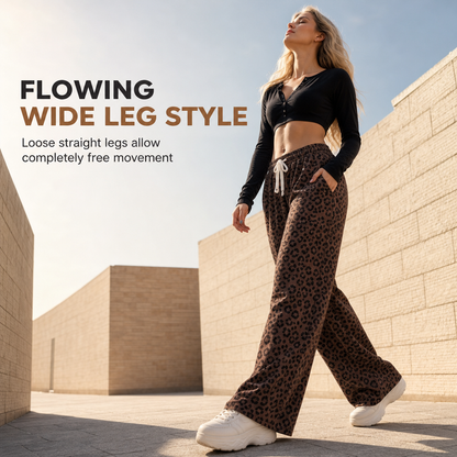 Women's Leopard Print Wide Leg Drawstring Sweatpants Loose Fit Casual Loungewear Pants