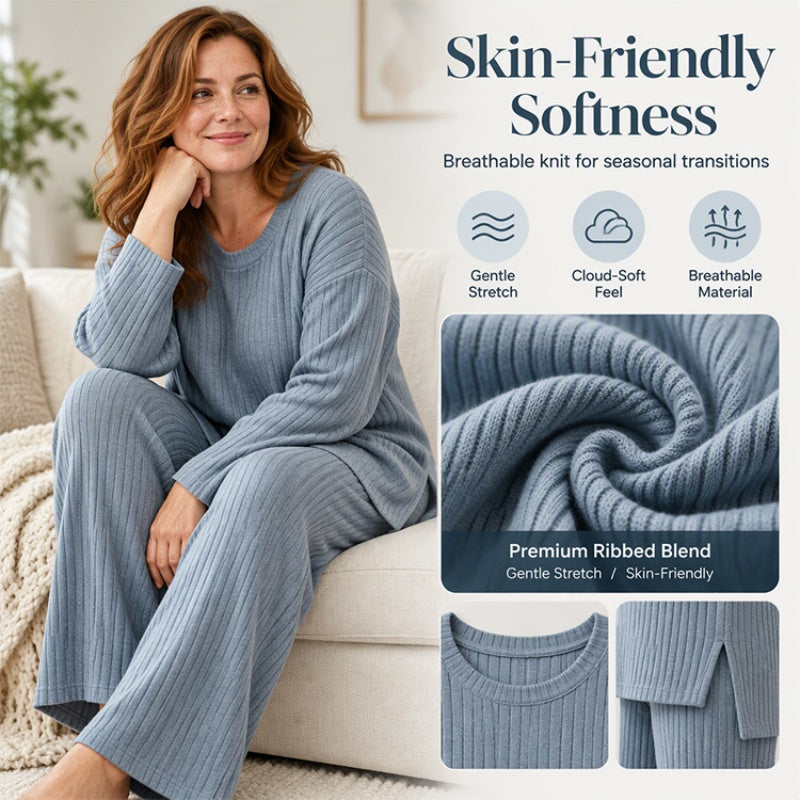 Women's Ribbed Knit Side-Slit Top & Pants Set