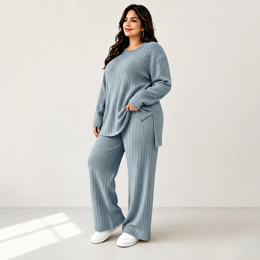 Women's Ribbed Knit Side-Slit Top & Pants Set