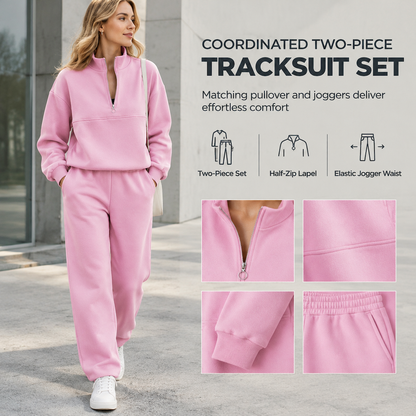 Casual Two Piece Pants Set Solid Color Zip Lapel Collar Top and Long Trousers Outfit for Autumn and Winter