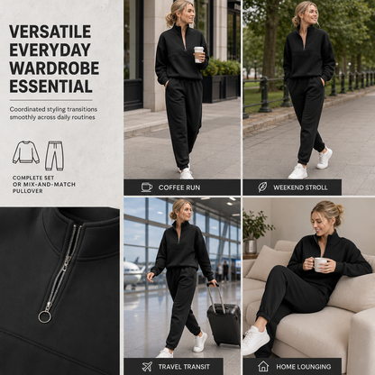 Casual Two Piece Pants Set Solid Color Zip Lapel Collar Top and Long Trousers Outfit for Autumn and Winter
