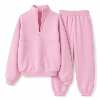 Casual Two Piece Pants Set Solid Color Zip Lapel Collar Top and Long Trousers Outfit for Autumn and Winter