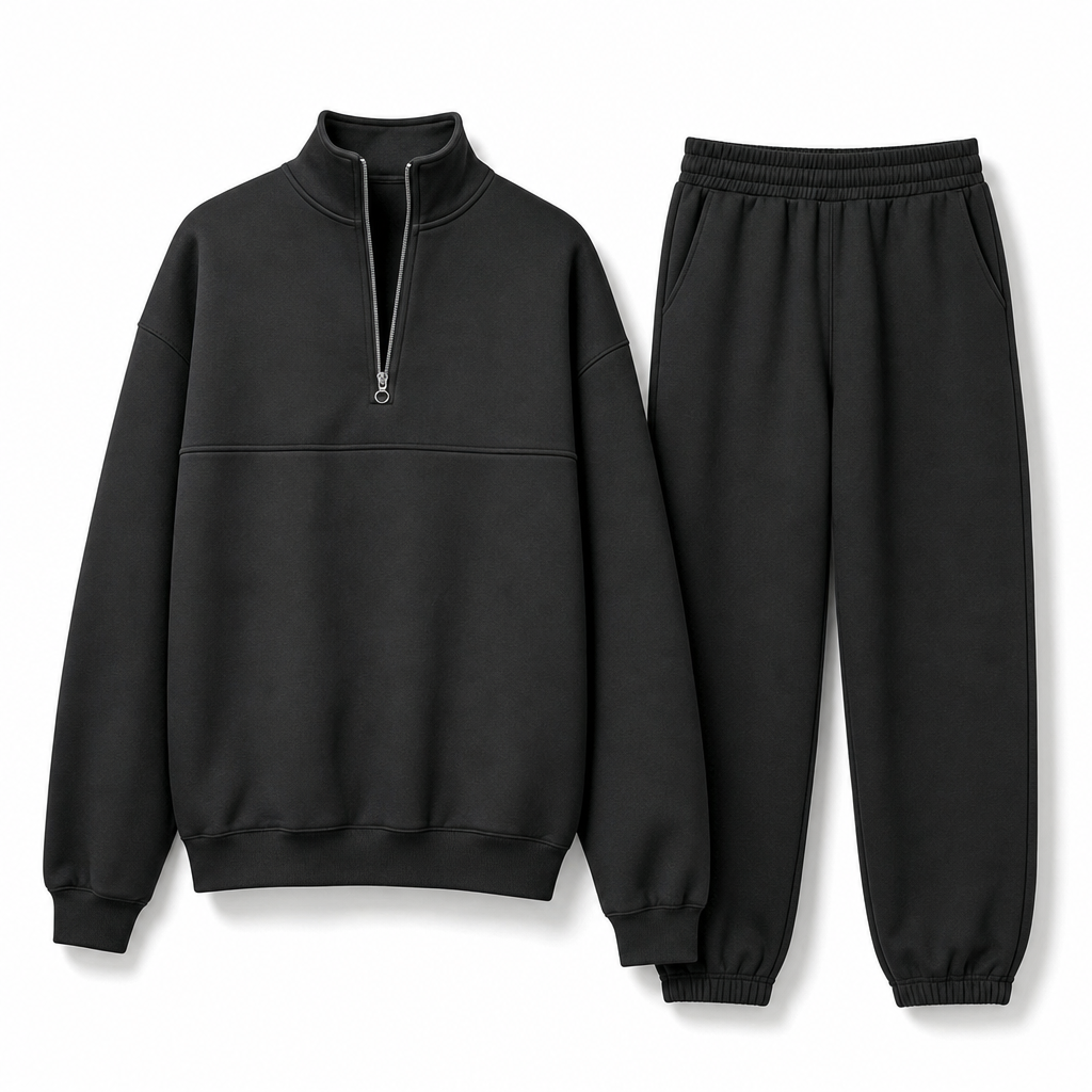 Casual Two Piece Pants Set Solid Color Zip Lapel Collar Top and Long Trousers Outfit for Autumn and Winter