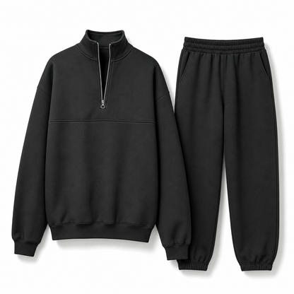 Casual Two Piece Pants Set Solid Color Zip Lapel Collar Top and Long Trousers Outfit for Autumn and Winter