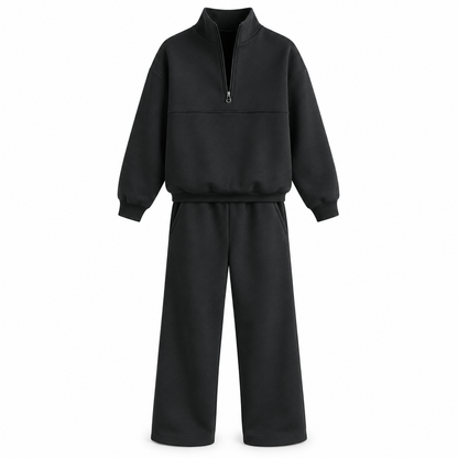 Casual Two Piece Pants Set Solid Color Zip Lapel Collar Top and Long Trousers Outfit for Autumn and Winter