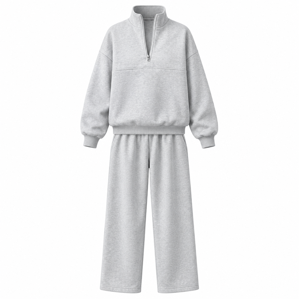 Casual Two Piece Pants Set Solid Color Zip Lapel Collar Top and Long Trousers Outfit for Autumn and Winter