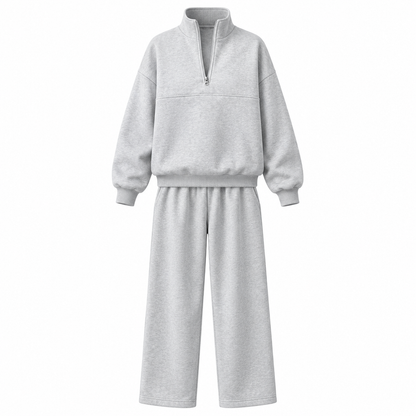 Casual Two Piece Pants Set Solid Color Zip Lapel Collar Top and Long Trousers Outfit for Autumn and Winter