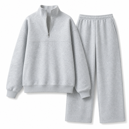 Casual Two Piece Pants Set Solid Color Zip Lapel Collar Top and Long Trousers Outfit for Autumn and Winter