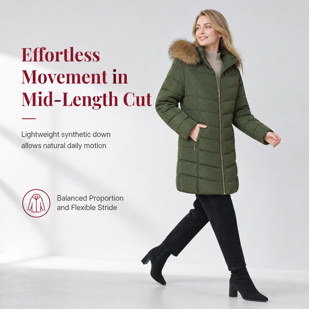 Women Mid-Length Slim Fit Winter Padded Coat with Large Fur Collar Outerwear
