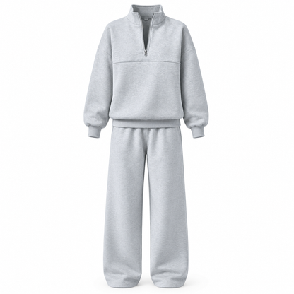 Casual Two Piece Pants Set Solid Color Zip Lapel Collar Top and Long Trousers Outfit for Autumn and Winter