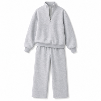 Casual Two Piece Pants Set Solid Color Zip Lapel Collar Top and Long Trousers Outfit for Autumn and Winter