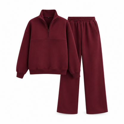 Casual Two Piece Pants Set Solid Color Zip Lapel Collar Top and Long Trousers Outfit for Autumn and Winter
