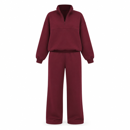 Casual Two Piece Pants Set Solid Color Zip Lapel Collar Top and Long Trousers Outfit for Autumn and Winter