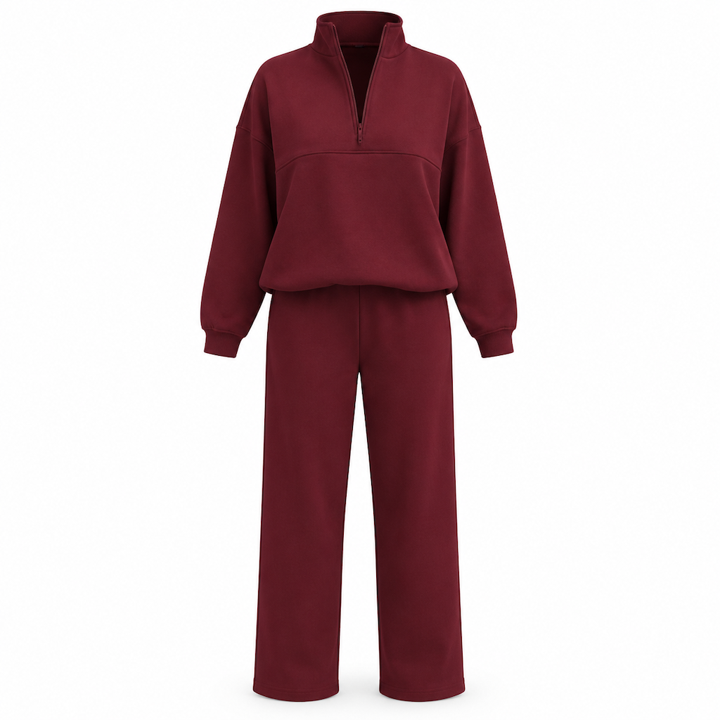 Casual Two Piece Pants Set Solid Color Zip Lapel Collar Top and Long Trousers Outfit for Autumn and Winter