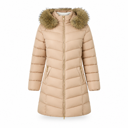 Women Mid-Length Slim Fit Winter Padded Coat with Large Fur Collar Outerwear
