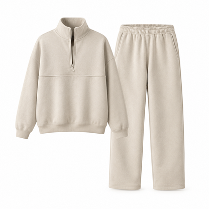 Casual Two Piece Pants Set Solid Color Zip Lapel Collar Top and Long Trousers Outfit for Autumn and Winter