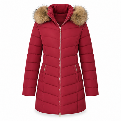 Women Mid-Length Slim Fit Winter Padded Coat with Large Fur Collar Outerwear