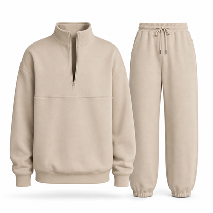 Casual Two Piece Pants Set Solid Color Zip Lapel Collar Top and Long Trousers Outfit for Autumn and Winter