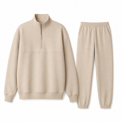 Casual Two Piece Pants Set Solid Color Zip Lapel Collar Top and Long Trousers Outfit for Autumn and Winter