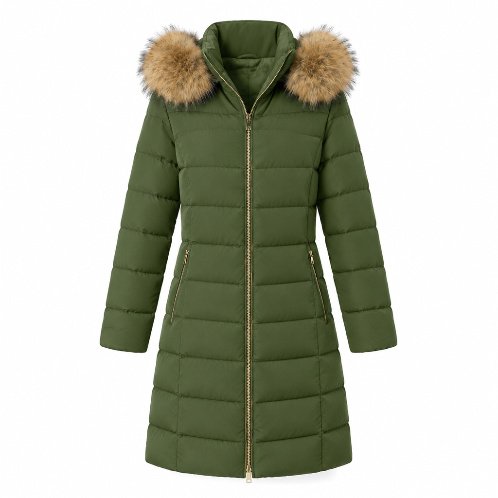 Women Mid-Length Slim Fit Winter Padded Coat with Large Fur Collar Outerwear