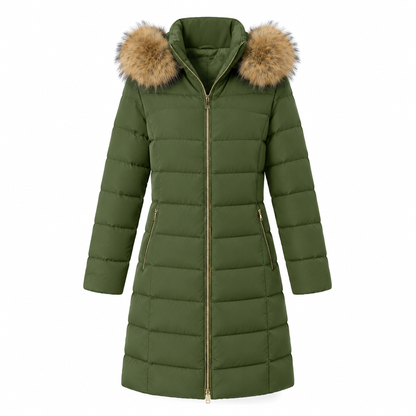 Women Mid-Length Slim Fit Winter Padded Coat with Large Fur Collar Outerwear