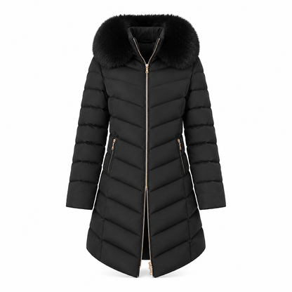 Women Mid-Length Slim Fit Winter Padded Coat with Large Fur Collar Outerwear