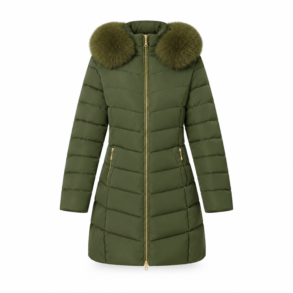 Women Mid-Length Slim Fit Winter Padded Coat with Large Fur Collar Outerwear
