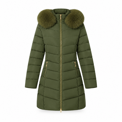 Women Mid-Length Slim Fit Winter Padded Coat with Large Fur Collar Outerwear