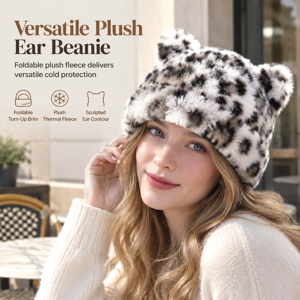 Women Fluffy Faux Mink Fur Beanie Hat with Cute Bear Ears Warm Winter Cold Weather Pullover Cap
