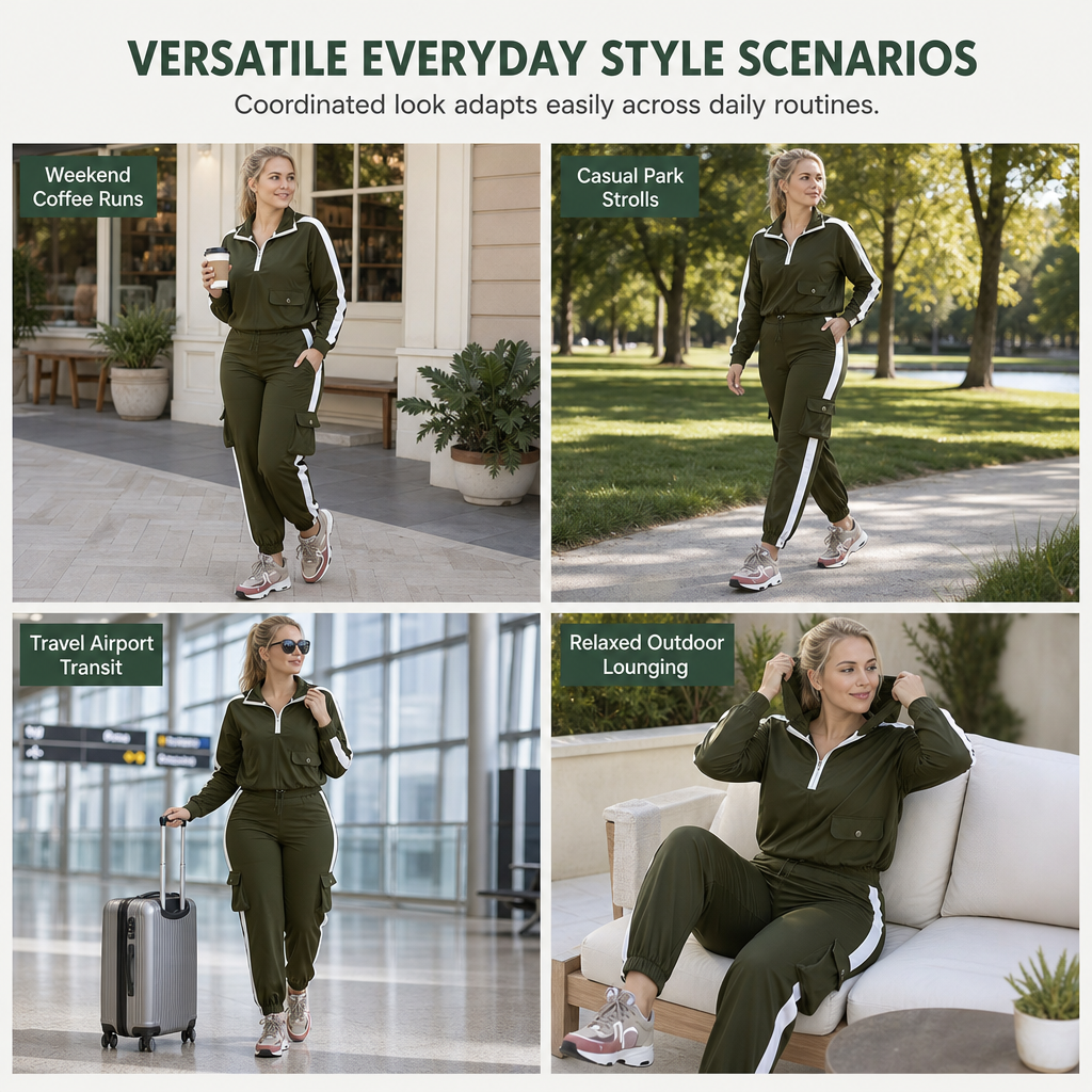 Women Casual 2 Piece Outfit Zip Up Hooded Long Sleeve and Cargo Jogger Pants with Pockets