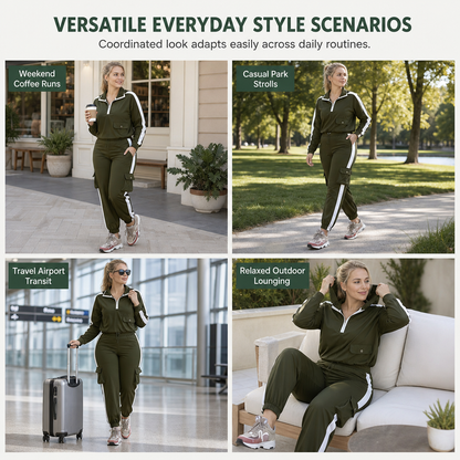 Women Casual 2 Piece Outfit Zip Up Hooded Long Sleeve and Cargo Jogger Pants with Pockets