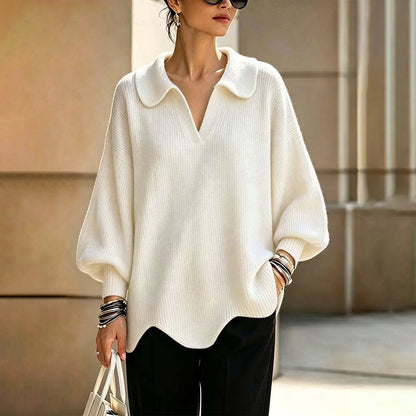 Women's Elegant V-Neck Sweater with Lantern Sleeves