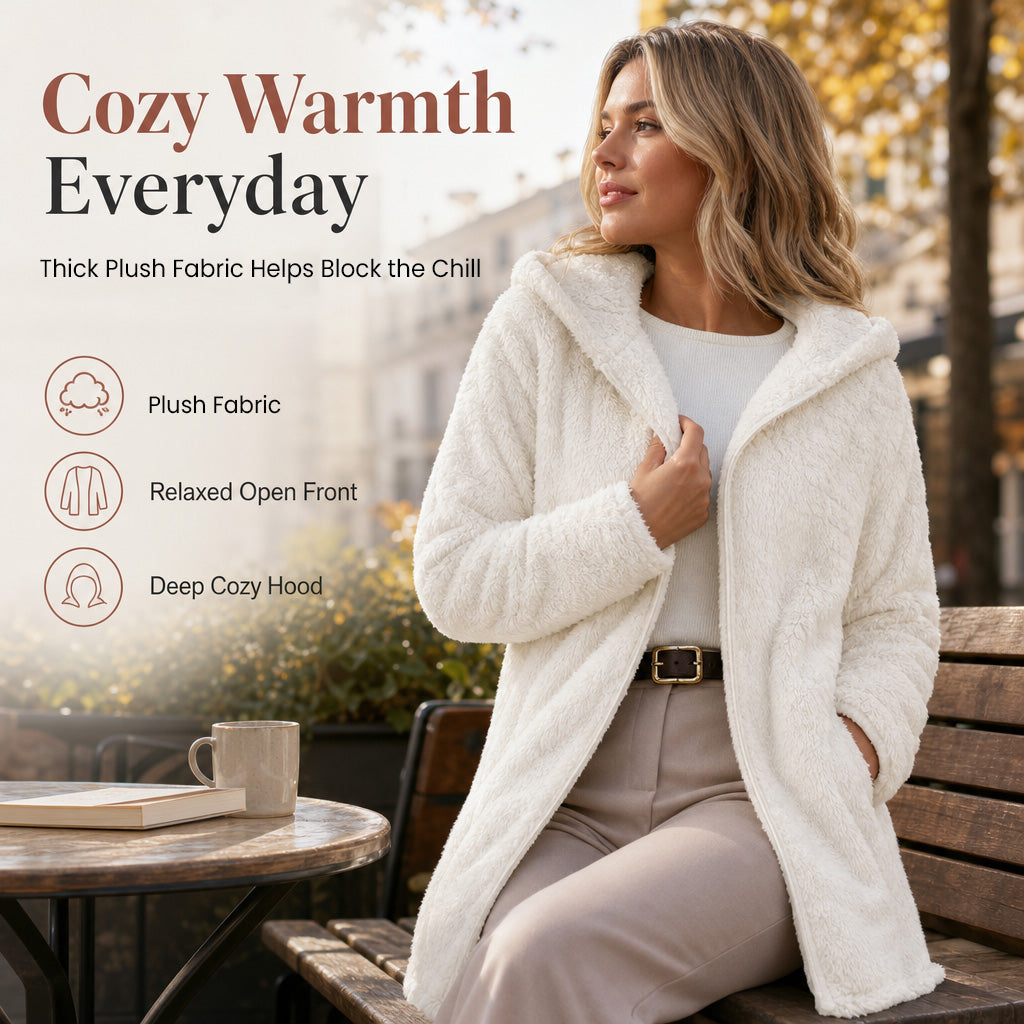 💥New & Trending 🧥 Women's Casual Plush Hooded Cardigan Coat ✨ plush fabric, hooded design, open front casual outerwear