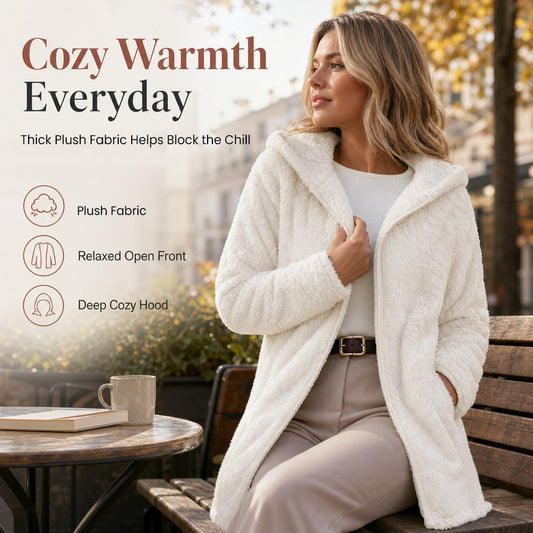 💥New & Trending 🧥 Women's Casual Plush Hooded Cardigan Coat ✨ plush fabric, hooded design, open front casual outerwear