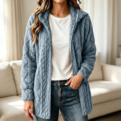 💥New & Trending 🧥 Women's Casual Plush Hooded Cardigan Coat ✨ plush fabric, hooded design, open front casual outerwear