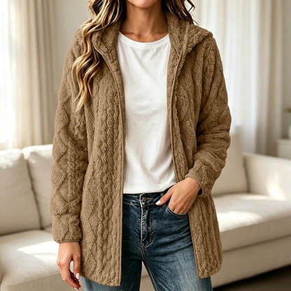 💥New & Trending 🧥 Women's Casual Plush Hooded Cardigan Coat ✨ plush fabric, hooded design, open front casual outerwear
