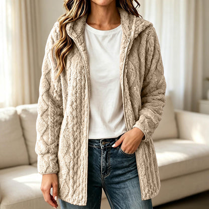💥New & Trending 🧥 Women's Casual Plush Hooded Cardigan Coat ✨ plush fabric, hooded design, open front casual outerwear