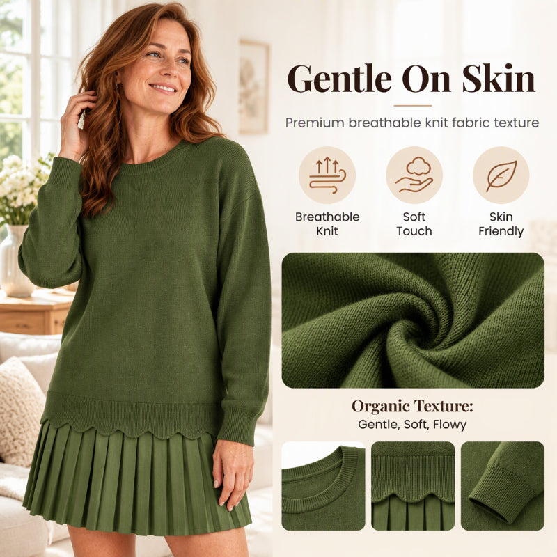 🏆 Bestseller – Extra Savings Now 👗 Women's Scallop Hem Sweater and Pleated Skirt Set ✨ scallop hem knit top, high waisted pleated skirt, 2 piece outfit set