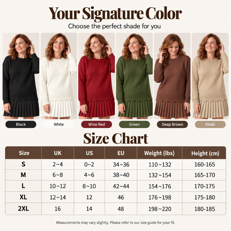 🏆 Bestseller – Extra Savings Now 👗 Women's Scallop Hem Sweater and Pleated Skirt Set ✨ scallop hem knit top, high waisted pleated skirt, 2 piece outfit set