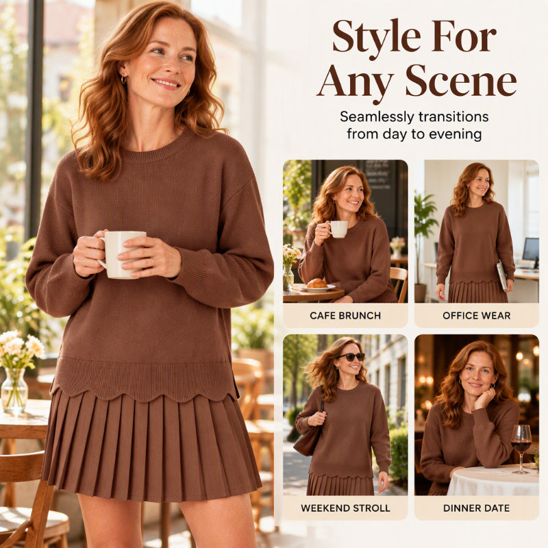 🏆 Bestseller – Extra Savings Now 👗 Women's Scallop Hem Sweater and Pleated Skirt Set ✨ scallop hem knit top, high waisted pleated skirt, 2 piece outfit set